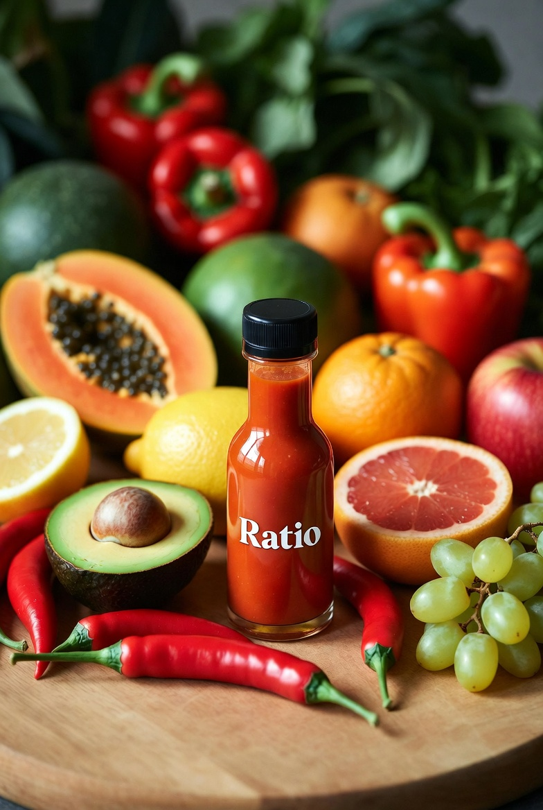 Background image of a bottle of hot sauce surrounded by peppers, fruits, and vegetables.